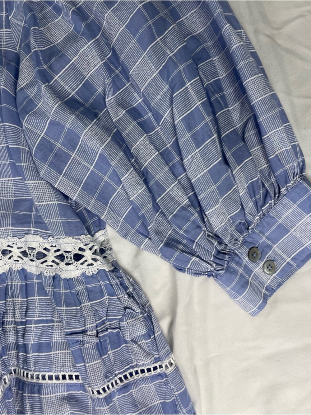 Free People Blue Plaid Lace Babydoll Mini Dress Boho Prairie Small - Picture 7 of 13
